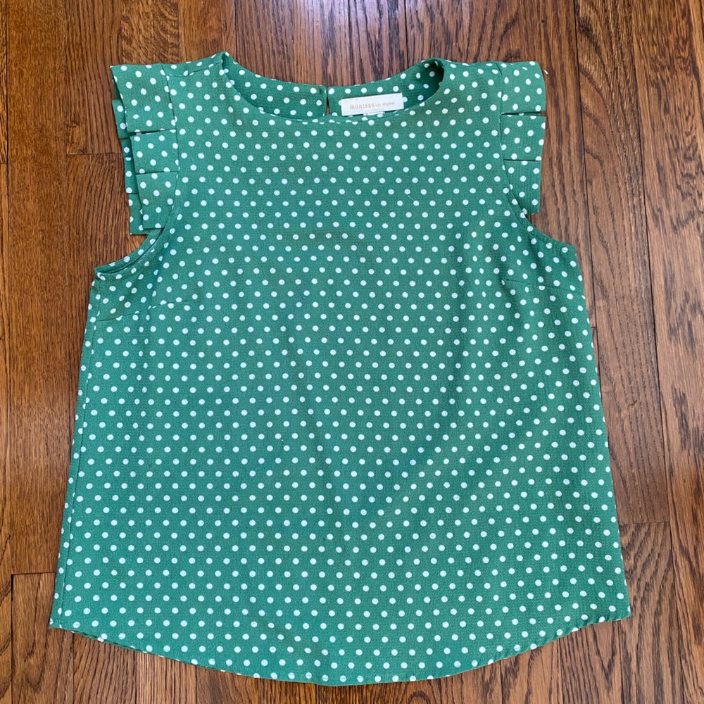 Monteau Los Angeles Blouse Women's Large Ruffle Cap Sleeves Green Polka Dot